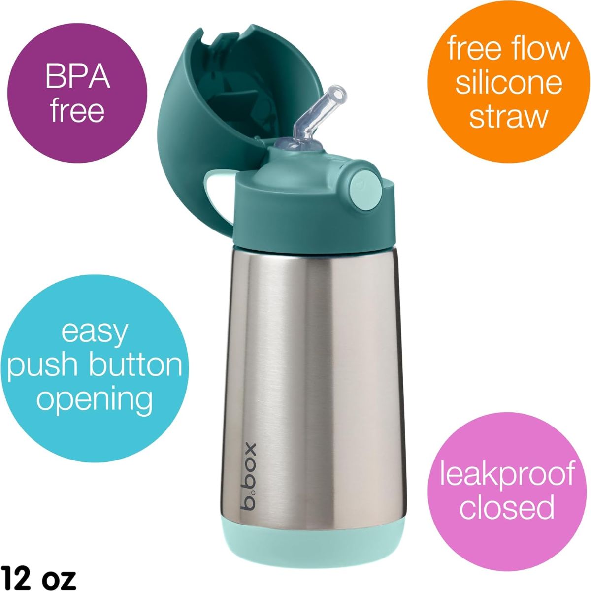B.Box Insulated Drink Bottle 12 oz - Emerald Forest - Push button lid