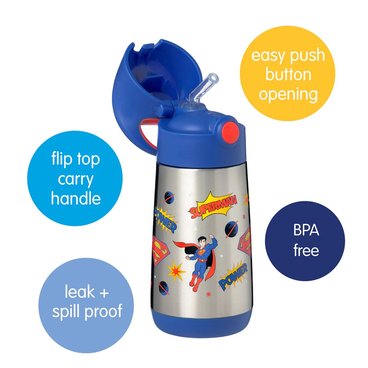 B.Box Insulated Drink Bottle 12 oz - Superman - Push button lid